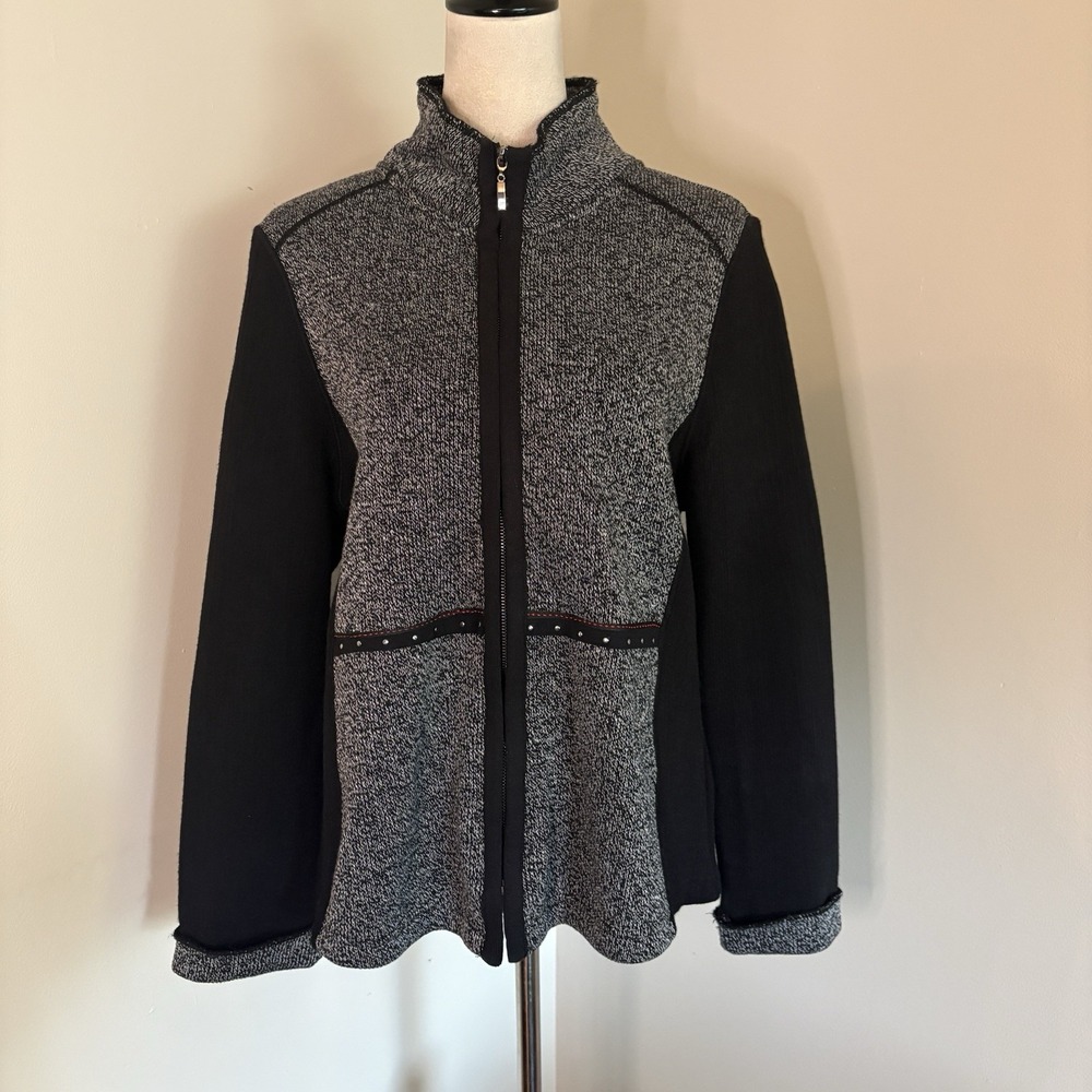 Dolcezza Sporty Chic Knit Blazer Sweater Jacket Black Gray Full Zip Womens Large